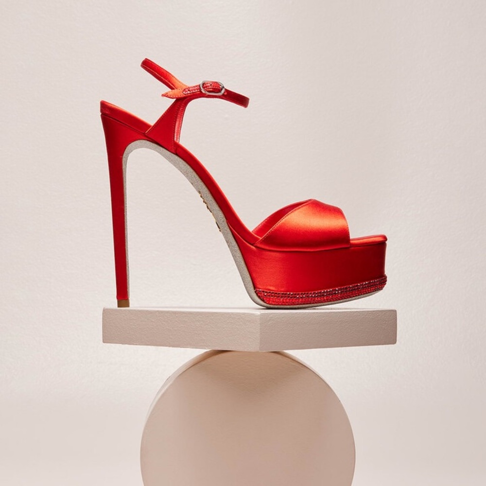 Rene Caovilla Red Satin Embellished Strass Platform Anastasia Sandals